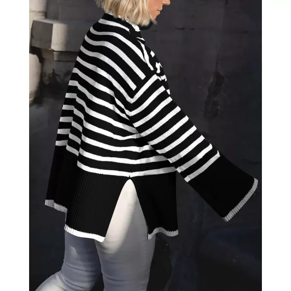 imageBTFBM Women Casual Turtleneck Striped Sweater 2023 Fall Winter Jumper Tops Long Sleeve Side Slit Oversized Knit PulloverStriped Black