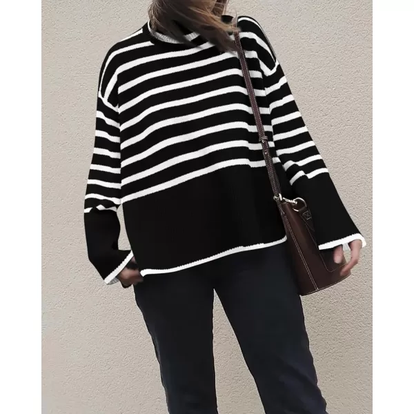 imageBTFBM Women Casual Turtleneck Striped Sweater 2023 Fall Winter Jumper Tops Long Sleeve Side Slit Oversized Knit PulloverStriped Black