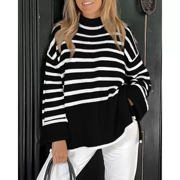imageBTFBM Women Casual Turtleneck Striped Sweater 2023 Fall Winter Jumper Tops Long Sleeve Side Slit Oversized Knit PulloverStriped Black