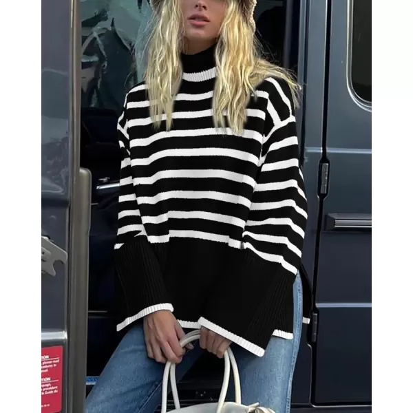 imageBTFBM Women Casual Turtleneck Striped Sweater 2023 Fall Winter Jumper Tops Long Sleeve Side Slit Oversized Knit PulloverStriped Black