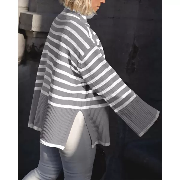 imageBTFBM Women Casual Turtleneck Striped Sweater 2023 Fall Winter Jumper Tops Long Sleeve Side Slit Oversized Knit PulloverStriped Grey
