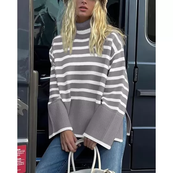imageBTFBM Women Casual Turtleneck Striped Sweater 2023 Fall Winter Jumper Tops Long Sleeve Side Slit Oversized Knit PulloverStriped Grey