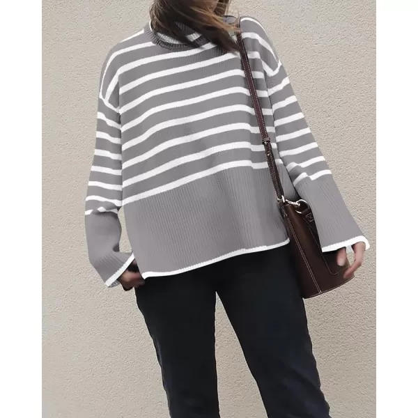 imageBTFBM Women Casual Turtleneck Striped Sweater 2023 Fall Winter Jumper Tops Long Sleeve Side Slit Oversized Knit PulloverStriped Grey