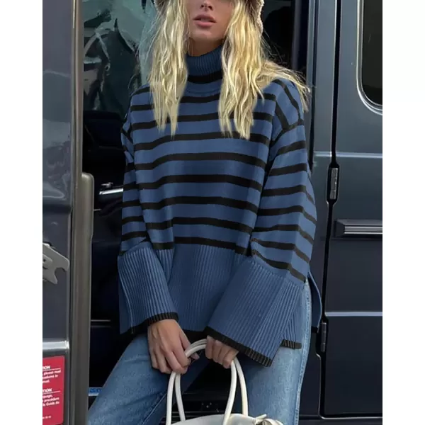 imageBTFBM Women Casual Turtleneck Striped Sweater 2023 Fall Winter Jumper Tops Long Sleeve Side Slit Oversized Knit PulloverStriped Grey Blue