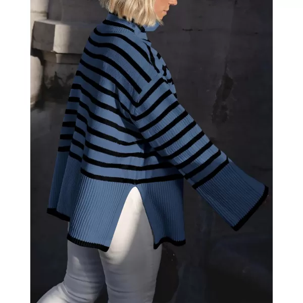 imageBTFBM Women Casual Turtleneck Striped Sweater 2023 Fall Winter Jumper Tops Long Sleeve Side Slit Oversized Knit PulloverStriped Grey Blue