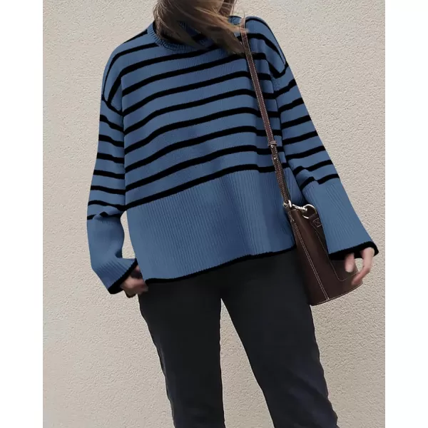 imageBTFBM Women Casual Turtleneck Striped Sweater 2023 Fall Winter Jumper Tops Long Sleeve Side Slit Oversized Knit PulloverStriped Grey Blue