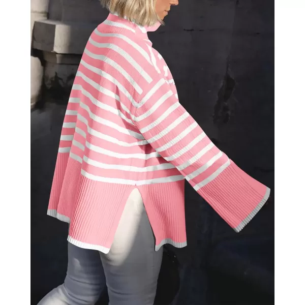 imageBTFBM Women Casual Turtleneck Striped Sweater 2023 Fall Winter Jumper Tops Long Sleeve Side Slit Oversized Knit PulloverStriped Pink