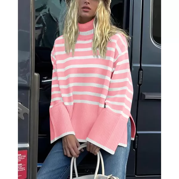 imageBTFBM Women Casual Turtleneck Striped Sweater 2023 Fall Winter Jumper Tops Long Sleeve Side Slit Oversized Knit PulloverStriped Pink
