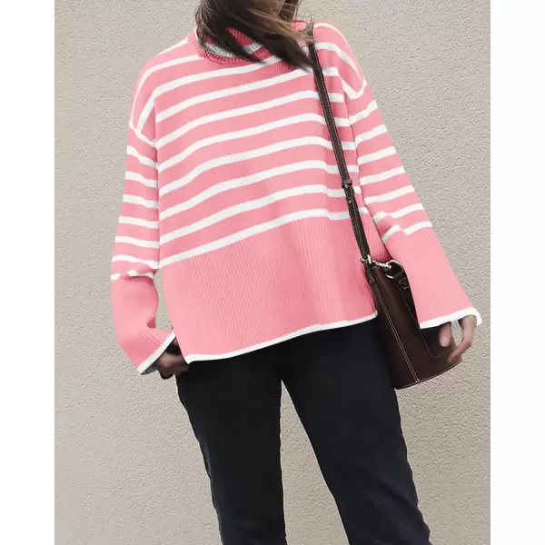 imageBTFBM Women Casual Turtleneck Striped Sweater 2023 Fall Winter Jumper Tops Long Sleeve Side Slit Oversized Knit PulloverStriped Pink