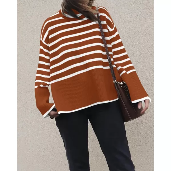 imageBTFBM Women Casual Turtleneck Striped Sweater 2023 Fall Winter Jumper Tops Long Sleeve Side Slit Oversized Knit PulloverStriped Rust Red
