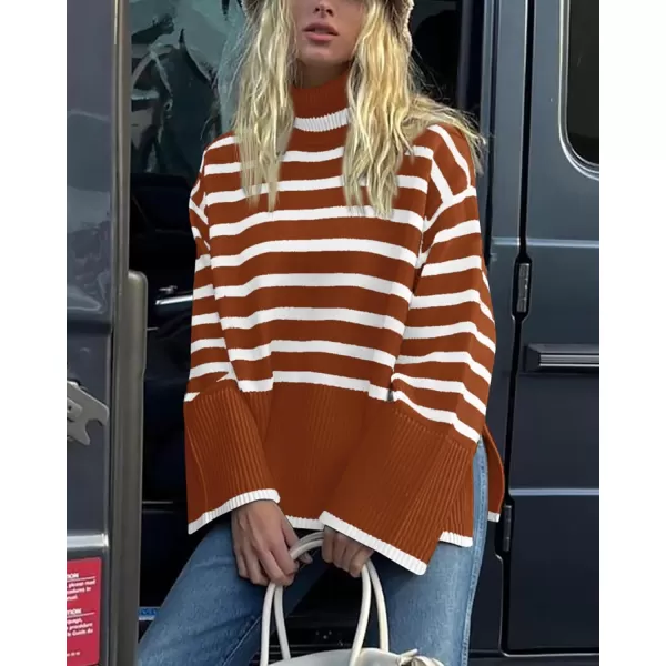 imageBTFBM Women Casual Turtleneck Striped Sweater 2023 Fall Winter Jumper Tops Long Sleeve Side Slit Oversized Knit PulloverStriped Rust Red