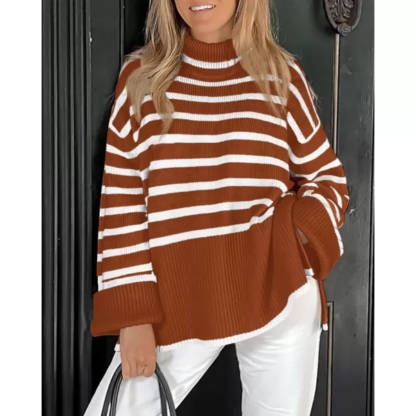 imageBTFBM Women Casual Turtleneck Striped Sweater 2023 Fall Winter Jumper Tops Long Sleeve Side Slit Oversized Knit PulloverStriped Rust Red