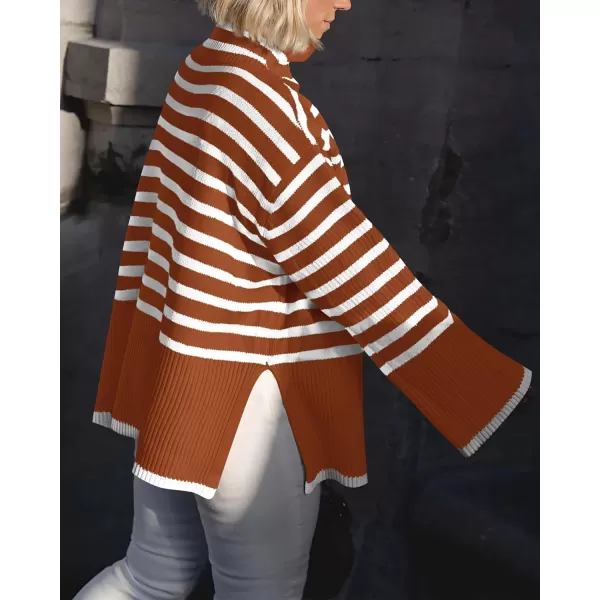 imageBTFBM Women Casual Turtleneck Striped Sweater 2023 Fall Winter Jumper Tops Long Sleeve Side Slit Oversized Knit PulloverStriped Rust Red