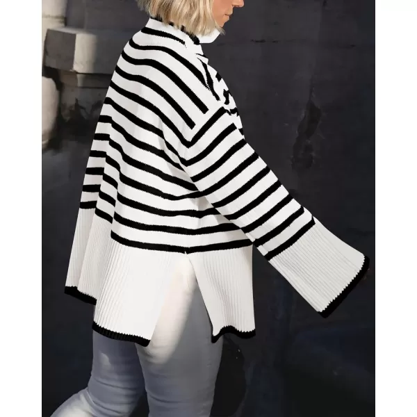 imageBTFBM Women Casual Turtleneck Striped Sweater 2023 Fall Winter Jumper Tops Long Sleeve Side Slit Oversized Knit PulloverStriped White