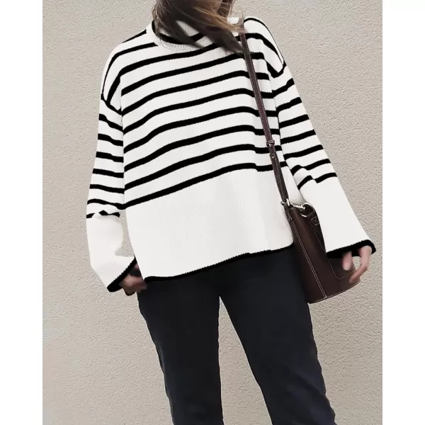 imageBTFBM Women Casual Turtleneck Striped Sweater 2023 Fall Winter Jumper Tops Long Sleeve Side Slit Oversized Knit PulloverStriped White