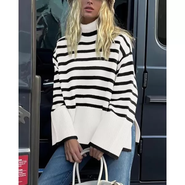 imageBTFBM Women Casual Turtleneck Striped Sweater 2023 Fall Winter Jumper Tops Long Sleeve Side Slit Oversized Knit PulloverStriped White