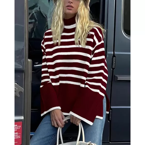 imageBTFBM Women Casual Turtleneck Striped Sweater 2023 Fall Winter Jumper Tops Long Sleeve Side Slit Oversized Knit PulloverStriped Wine Red