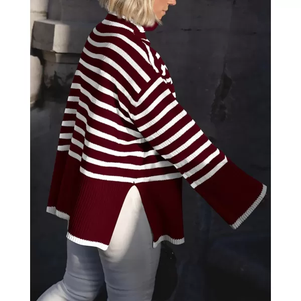 imageBTFBM Women Casual Turtleneck Striped Sweater 2023 Fall Winter Jumper Tops Long Sleeve Side Slit Oversized Knit PulloverStriped Wine Red