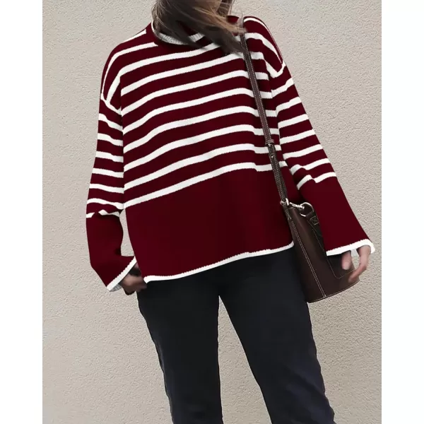 imageBTFBM Women Casual Turtleneck Striped Sweater 2023 Fall Winter Jumper Tops Long Sleeve Side Slit Oversized Knit PulloverStriped Wine Red