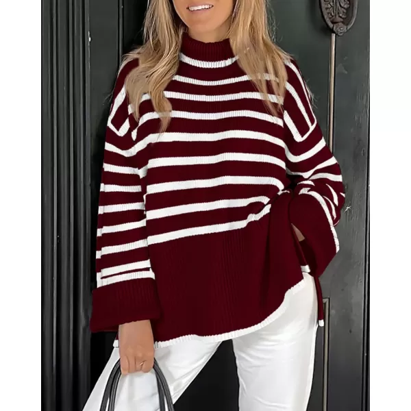 imageBTFBM Women Casual Turtleneck Striped Sweater 2023 Fall Winter Jumper Tops Long Sleeve Side Slit Oversized Knit PulloverStriped Wine Red