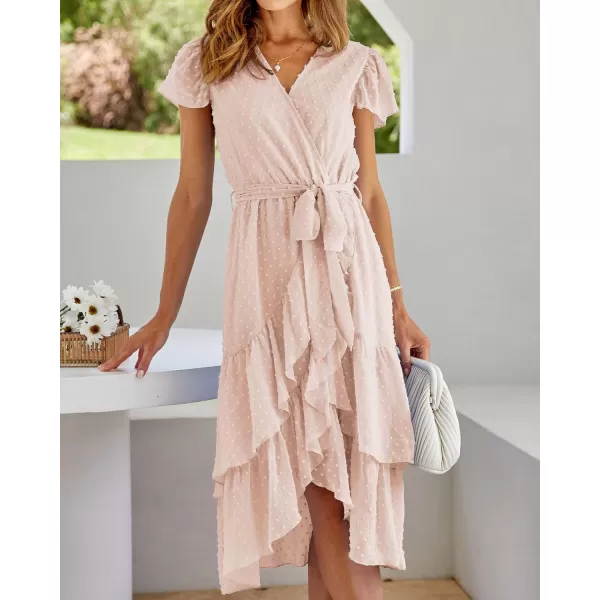 imageBTFBM Women Casual V Neck Dresses Boho Short Sleeve Chiffon Swiss Dot Belted Ruffle Wrap 2023 Summer Wedding Party DressSwiss Dot Apricot