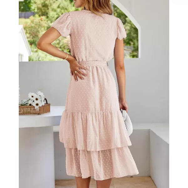 imageBTFBM Women Casual V Neck Dresses Boho Short Sleeve Chiffon Swiss Dot Belted Ruffle Wrap 2023 Summer Wedding Party DressSwiss Dot Apricot