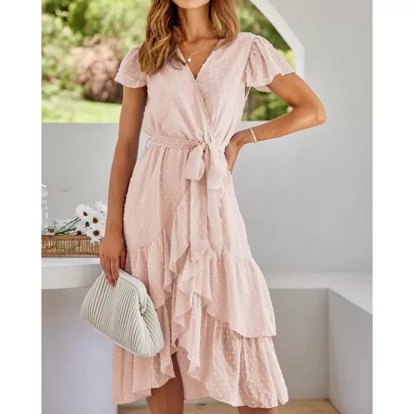 imageBTFBM Women Casual V Neck Dresses Boho Short Sleeve Chiffon Swiss Dot Belted Ruffle Wrap 2023 Summer Wedding Party DressSwiss Dot Apricot