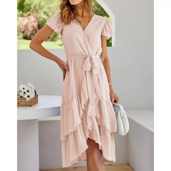 imageBTFBM Women Casual V Neck Dresses Boho Short Sleeve Chiffon Swiss Dot Belted Ruffle Wrap 2023 Summer Wedding Party DressSwiss Dot Apricot
