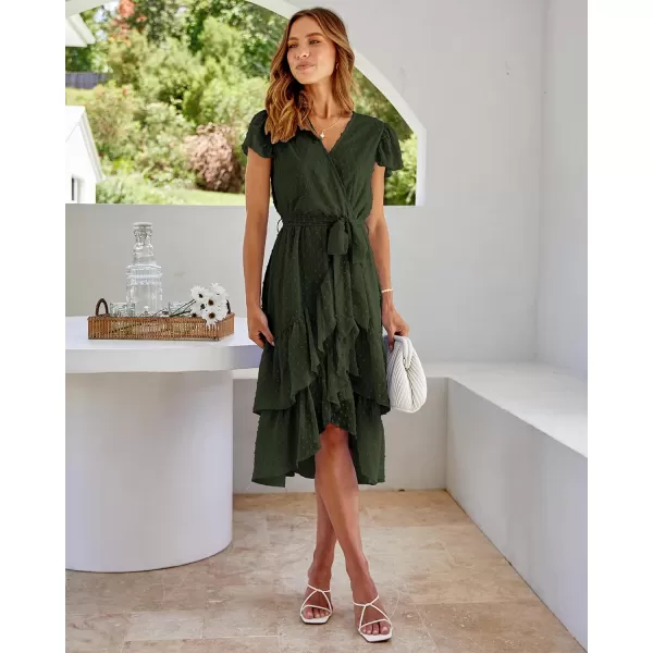 imageBTFBM Women Casual V Neck Dresses Boho Short Sleeve Chiffon Swiss Dot Belted Ruffle Wrap 2023 Summer Wedding Party DressSwiss Dot Army Green
