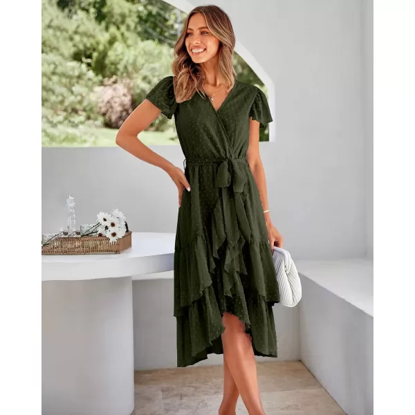 imageBTFBM Women Casual V Neck Dresses Boho Short Sleeve Chiffon Swiss Dot Belted Ruffle Wrap 2023 Summer Wedding Party DressSwiss Dot Army Green