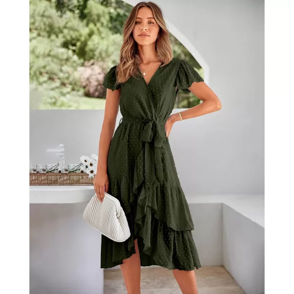 imageBTFBM Women Casual V Neck Dresses Boho Short Sleeve Chiffon Swiss Dot Belted Ruffle Wrap 2023 Summer Wedding Party DressSwiss Dot Army Green