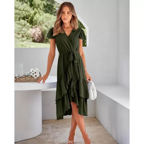 imageBTFBM Women Casual V Neck Dresses Boho Short Sleeve Chiffon Swiss Dot Belted Ruffle Wrap 2023 Summer Wedding Party DressSwiss Dot Army Green