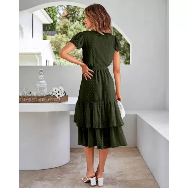 imageBTFBM Women Casual V Neck Dresses Boho Short Sleeve Chiffon Swiss Dot Belted Ruffle Wrap 2023 Summer Wedding Party DressSwiss Dot Army Green