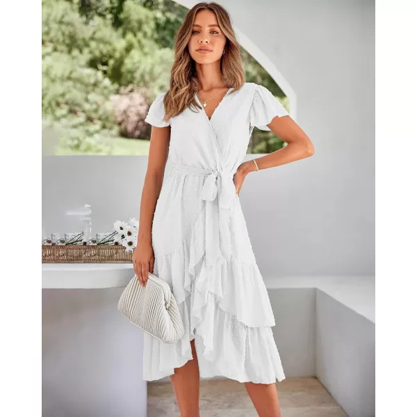 imageBTFBM Women Casual V Neck Dresses Boho Short Sleeve Chiffon Swiss Dot Belted Ruffle Wrap 2023 Summer Wedding Party DressSwiss Dot Beige White
