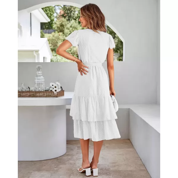 imageBTFBM Women Casual V Neck Dresses Boho Short Sleeve Chiffon Swiss Dot Belted Ruffle Wrap 2023 Summer Wedding Party DressSwiss Dot Beige White