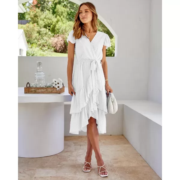 imageBTFBM Women Casual V Neck Dresses Boho Short Sleeve Chiffon Swiss Dot Belted Ruffle Wrap 2023 Summer Wedding Party DressSwiss Dot Beige White