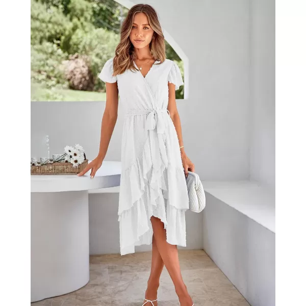 imageBTFBM Women Casual V Neck Dresses Boho Short Sleeve Chiffon Swiss Dot Belted Ruffle Wrap 2023 Summer Wedding Party DressSwiss Dot Beige White