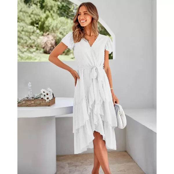imageBTFBM Women Casual V Neck Dresses Boho Short Sleeve Chiffon Swiss Dot Belted Ruffle Wrap 2023 Summer Wedding Party DressSwiss Dot Beige White