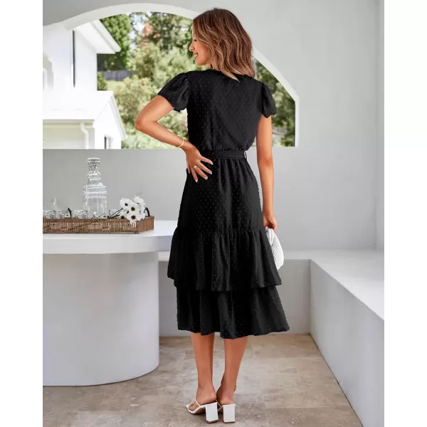 imageBTFBM Women Casual V Neck Dresses Boho Short Sleeve Chiffon Swiss Dot Belted Ruffle Wrap 2023 Summer Wedding Party DressSwiss Dot Black