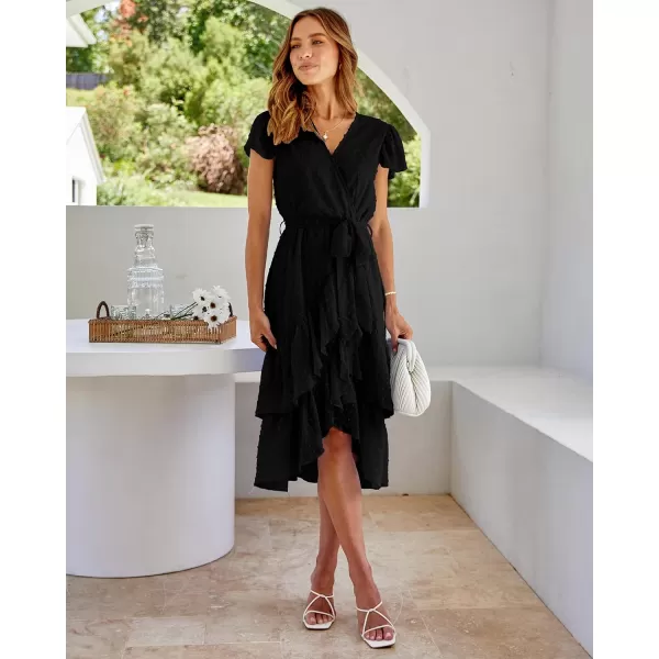 imageBTFBM Women Casual V Neck Dresses Boho Short Sleeve Chiffon Swiss Dot Belted Ruffle Wrap 2023 Summer Wedding Party DressSwiss Dot Black