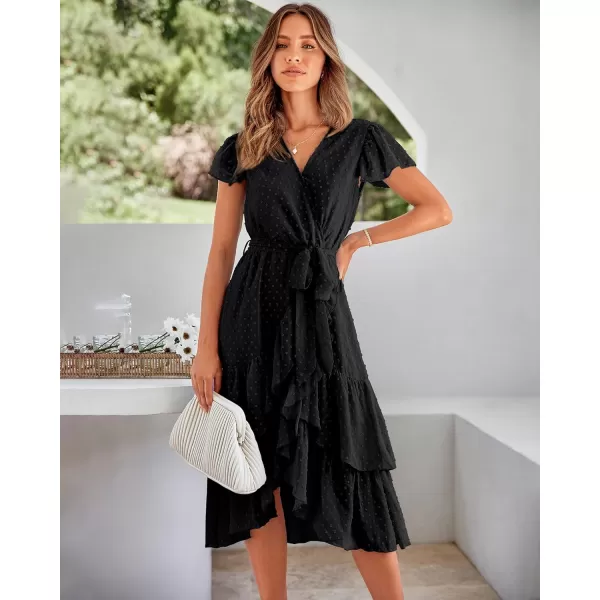 imageBTFBM Women Casual V Neck Dresses Boho Short Sleeve Chiffon Swiss Dot Belted Ruffle Wrap 2023 Summer Wedding Party DressSwiss Dot Black