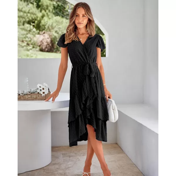 imageBTFBM Women Casual V Neck Dresses Boho Short Sleeve Chiffon Swiss Dot Belted Ruffle Wrap 2023 Summer Wedding Party DressSwiss Dot Black