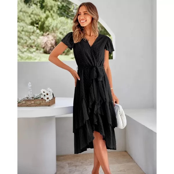 imageBTFBM Women Casual V Neck Dresses Boho Short Sleeve Chiffon Swiss Dot Belted Ruffle Wrap 2023 Summer Wedding Party DressSwiss Dot Black
