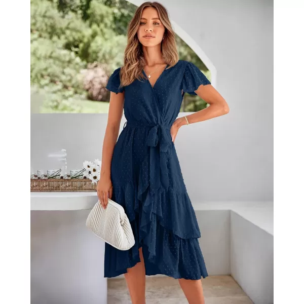 imageBTFBM Women Casual V Neck Dresses Boho Short Sleeve Chiffon Swiss Dot Belted Ruffle Wrap 2023 Summer Wedding Party DressSwiss Dot Dark Blue