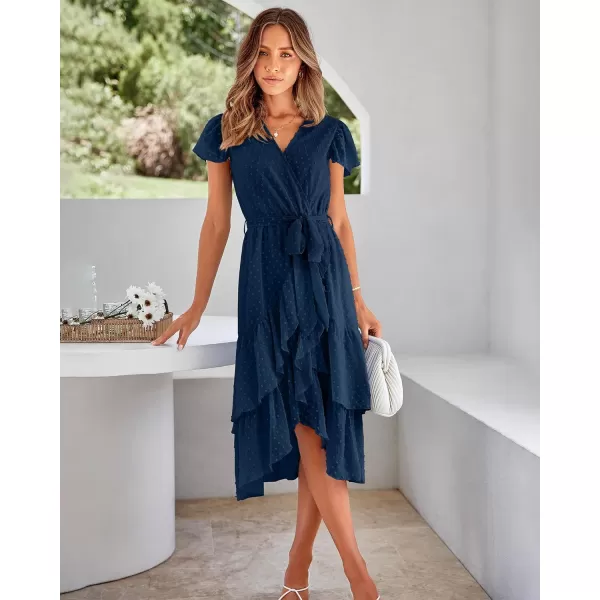 imageBTFBM Women Casual V Neck Dresses Boho Short Sleeve Chiffon Swiss Dot Belted Ruffle Wrap 2023 Summer Wedding Party DressSwiss Dot Dark Blue