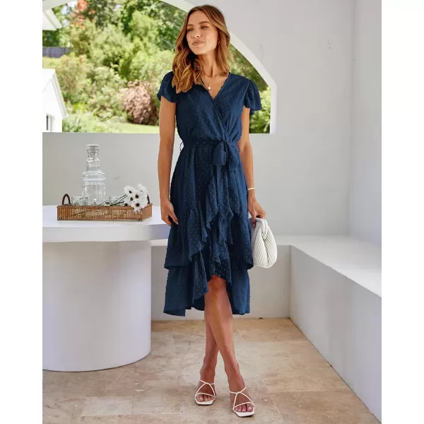 imageBTFBM Women Casual V Neck Dresses Boho Short Sleeve Chiffon Swiss Dot Belted Ruffle Wrap 2023 Summer Wedding Party DressSwiss Dot Dark Blue