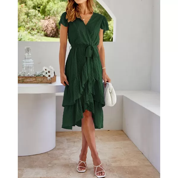 imageBTFBM Women Casual V Neck Dresses Boho Short Sleeve Chiffon Swiss Dot Belted Ruffle Wrap 2023 Summer Wedding Party DressSwiss Dot Dark Green