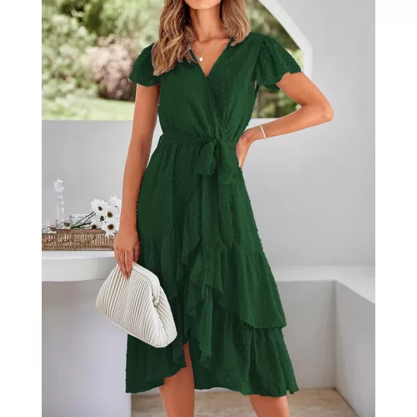 imageBTFBM Women Casual V Neck Dresses Boho Short Sleeve Chiffon Swiss Dot Belted Ruffle Wrap 2023 Summer Wedding Party DressSwiss Dot Dark Green