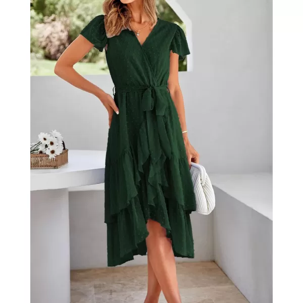 imageBTFBM Women Casual V Neck Dresses Boho Short Sleeve Chiffon Swiss Dot Belted Ruffle Wrap 2023 Summer Wedding Party DressSwiss Dot Dark Green