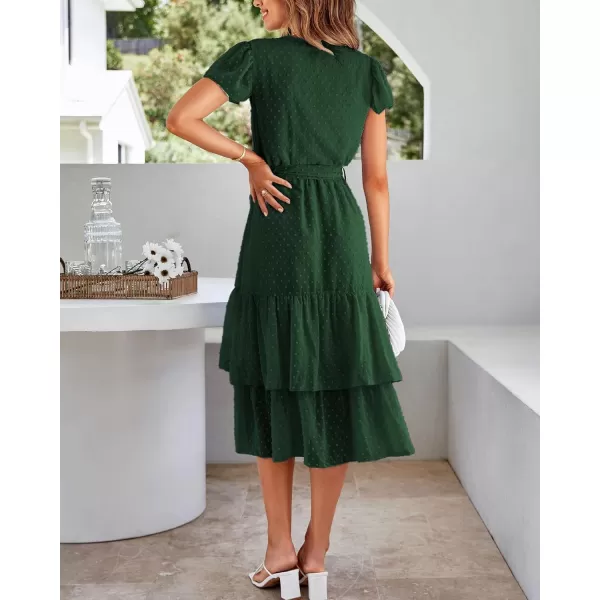 imageBTFBM Women Casual V Neck Dresses Boho Short Sleeve Chiffon Swiss Dot Belted Ruffle Wrap 2023 Summer Wedding Party DressSwiss Dot Dark Green